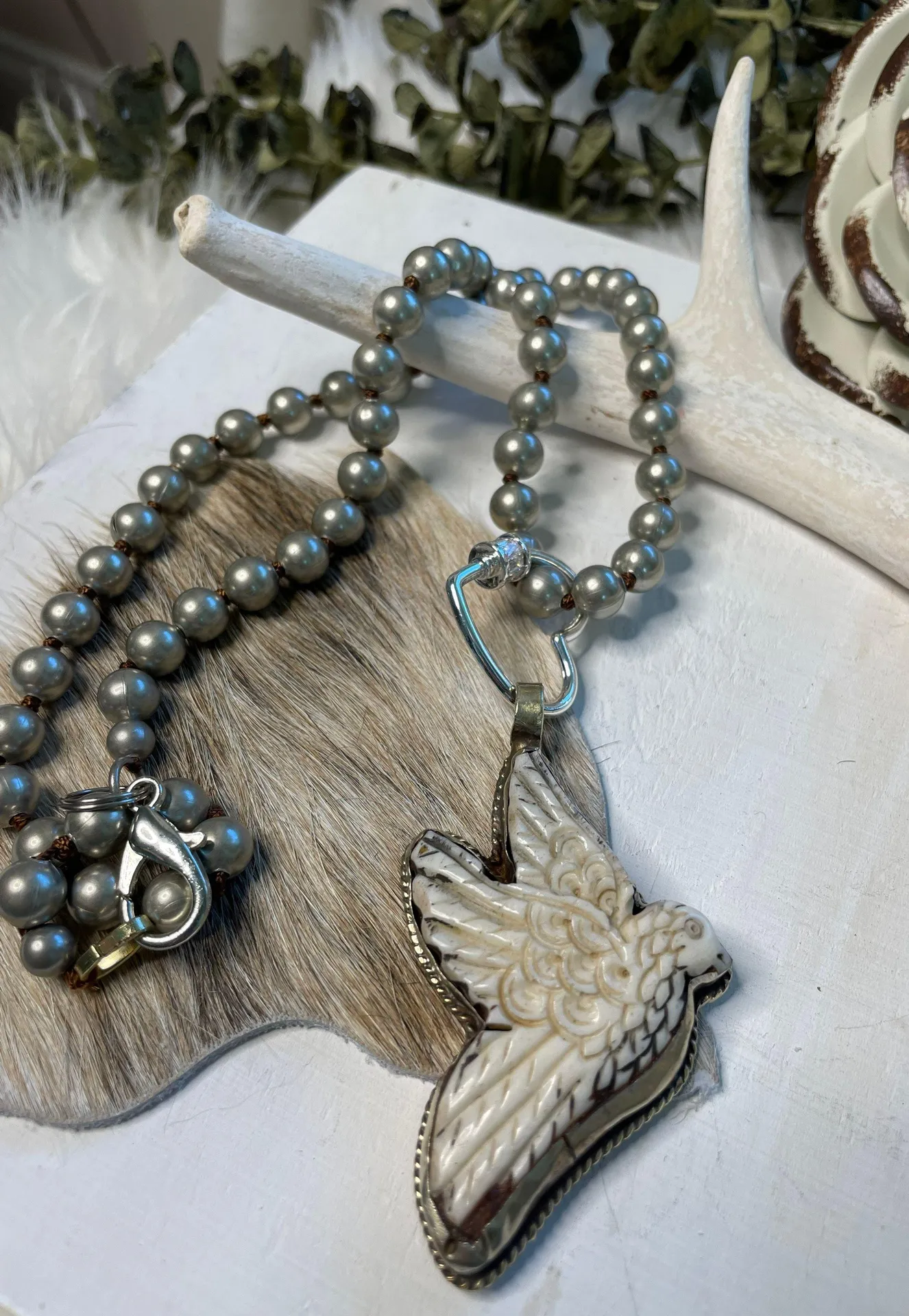 Handcrafted Tibetan Bone Dove On Navajo Pearl Necklace Silver - Image 4