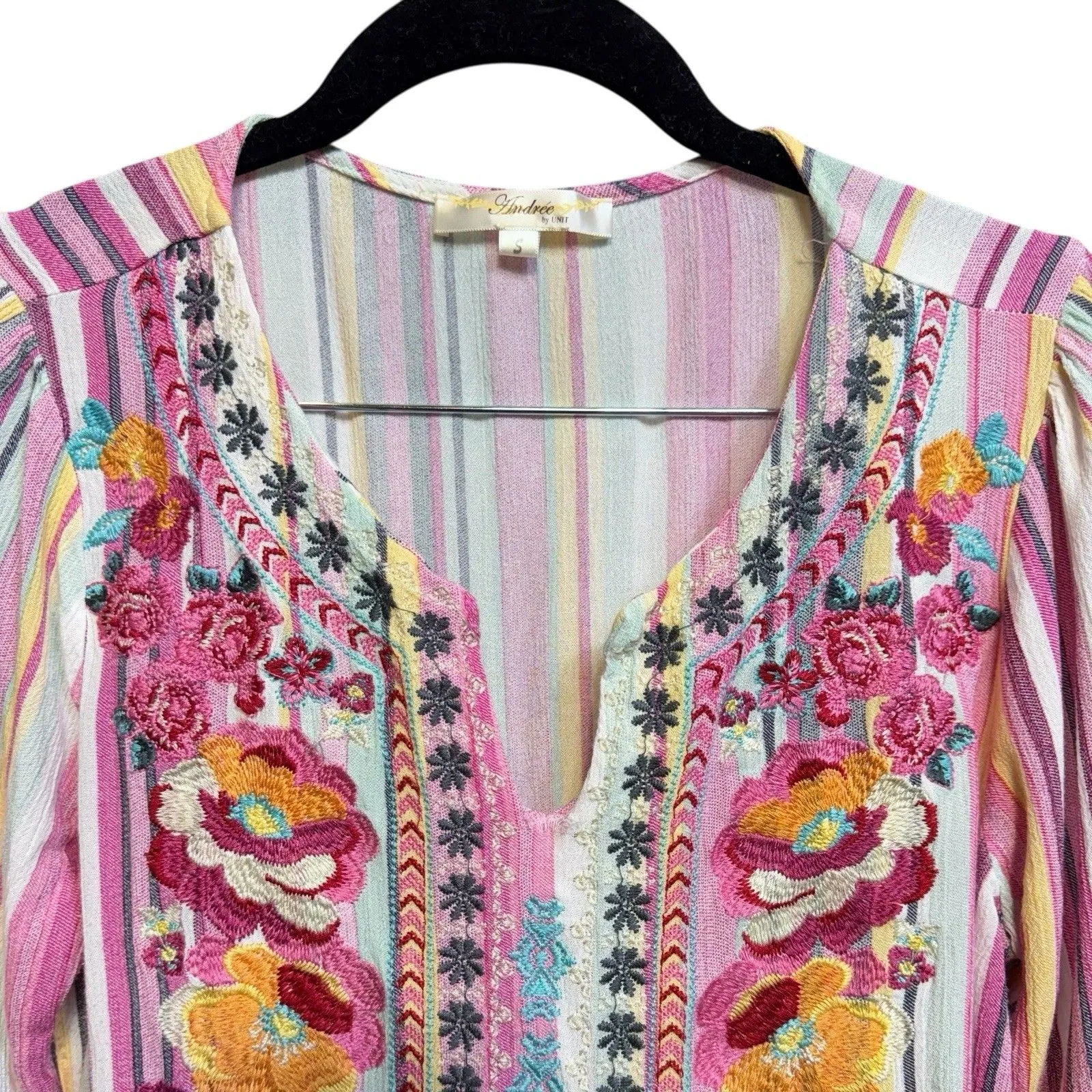 Andree Boho Floral Heavily Embroidered Tunic Top Size S Striped Bell Sleeve - Image 5