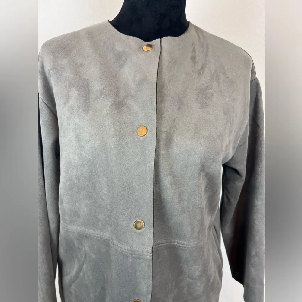 Zara Gray Suede Faux Fur Trim Long Jacket Size Small - Image 3