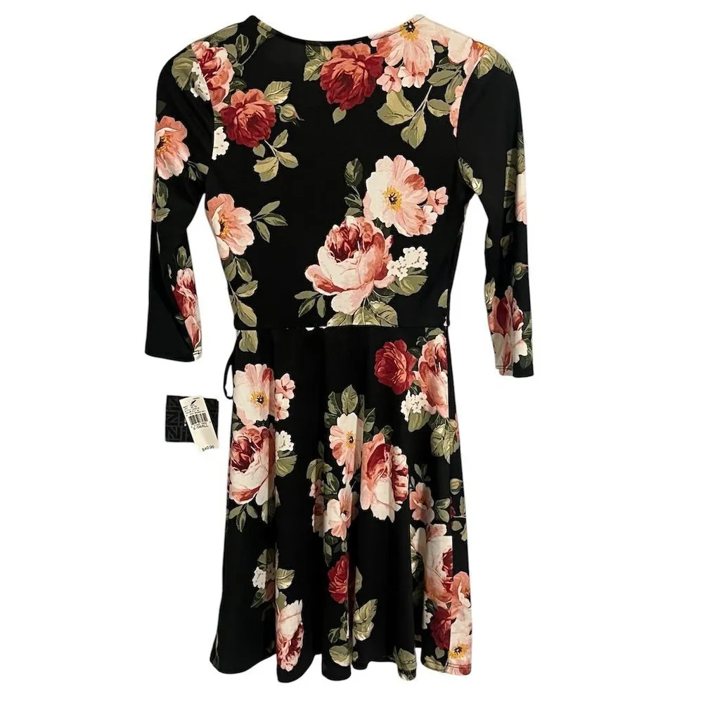 IZ Byer Wrap Dress Women's XS Black Floral Faux Bow Fit & Flare 3/4 Sleeve NEW - Image 9
