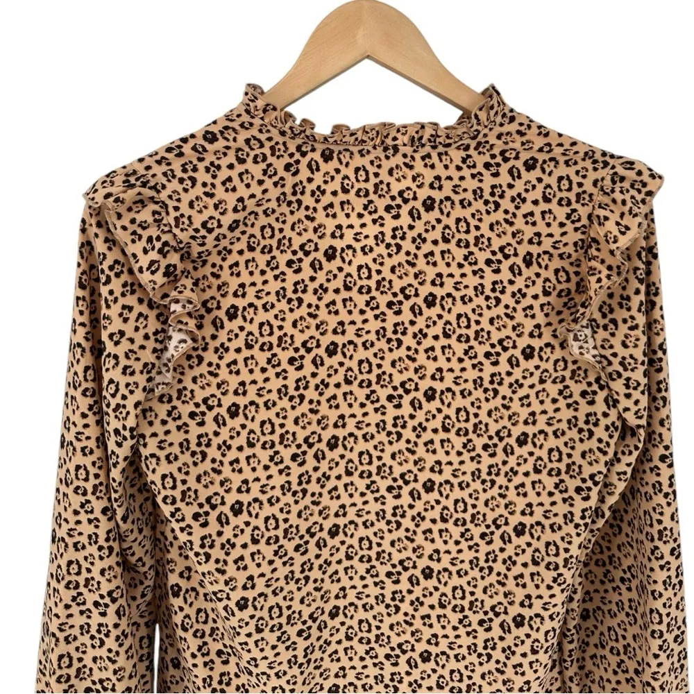 Rachel Parnell Tan Brown Leopard Print Ruffle Long Sleeve Blouse Top Extra Small - Image 7