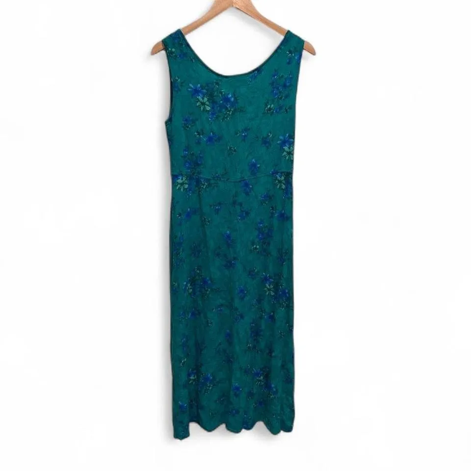 Vintage Karin Stevens Lightweight Sleeveless‎ Blue Green Floral Midi Dress Sz 12 - Image 3