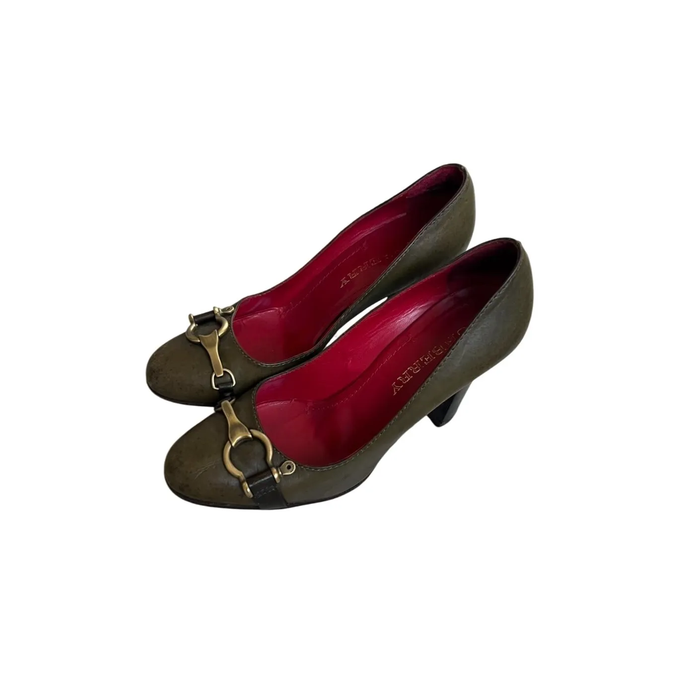 BURBERRY Pumps Women Designer Heels Gold Buckle Olive Green Leather 39.5/8.5 - Image 2