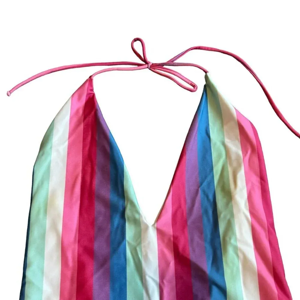 Privacy Please One Piece Halter Top Swimsuit Bold Stripe Size Medium Women's - Image 2