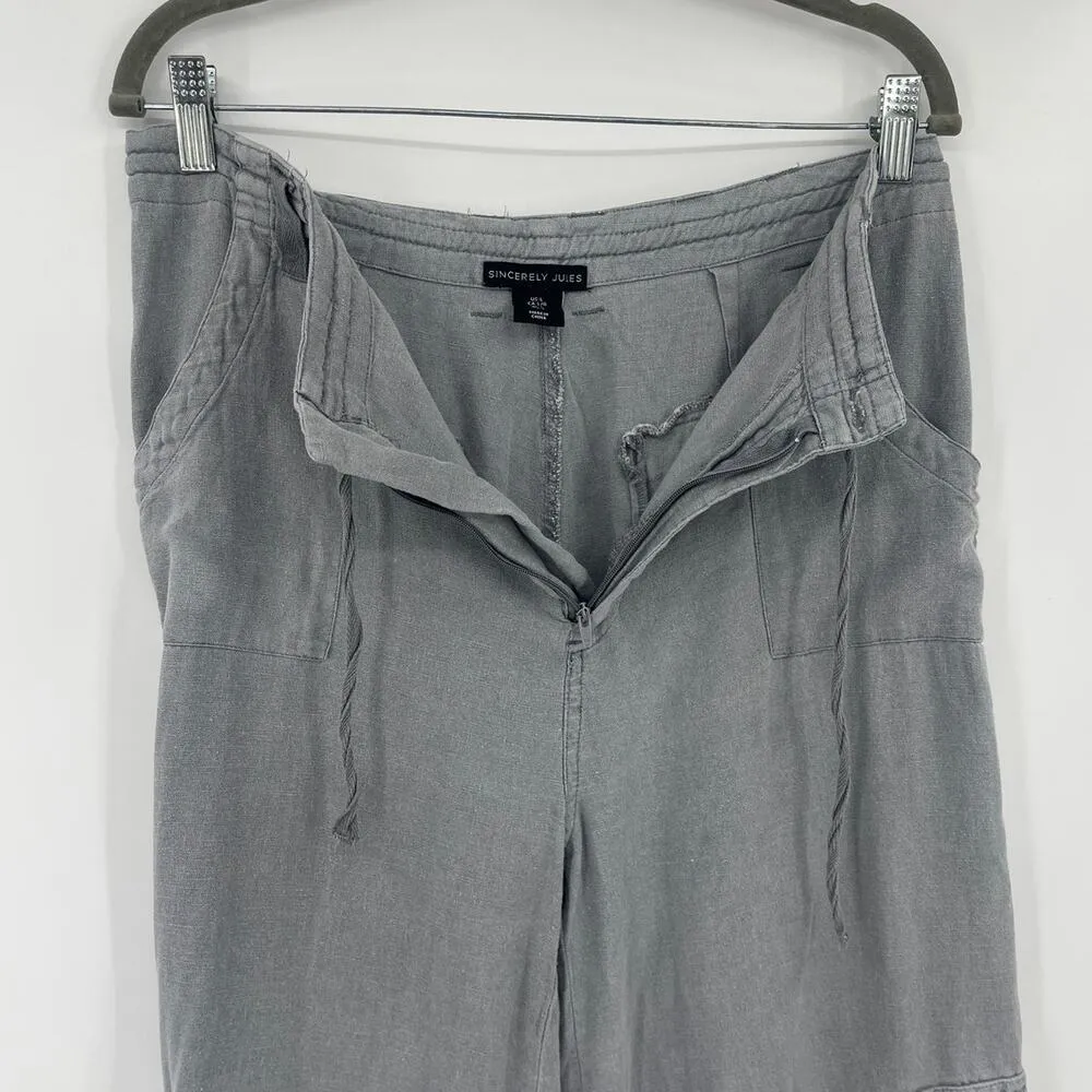 Sincerely Jules Linen Blend Cargo Womens Pants Sz L Gray Utiltiy Wide Leg Comfy - Image 3