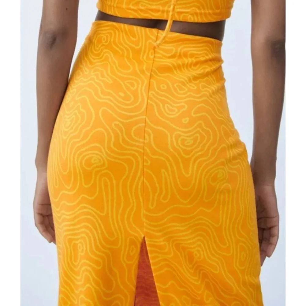 ZARA Abstract Printed Keyhole Cutout Tie High Waist Midi Skirt M Orange Yellow - Image 6