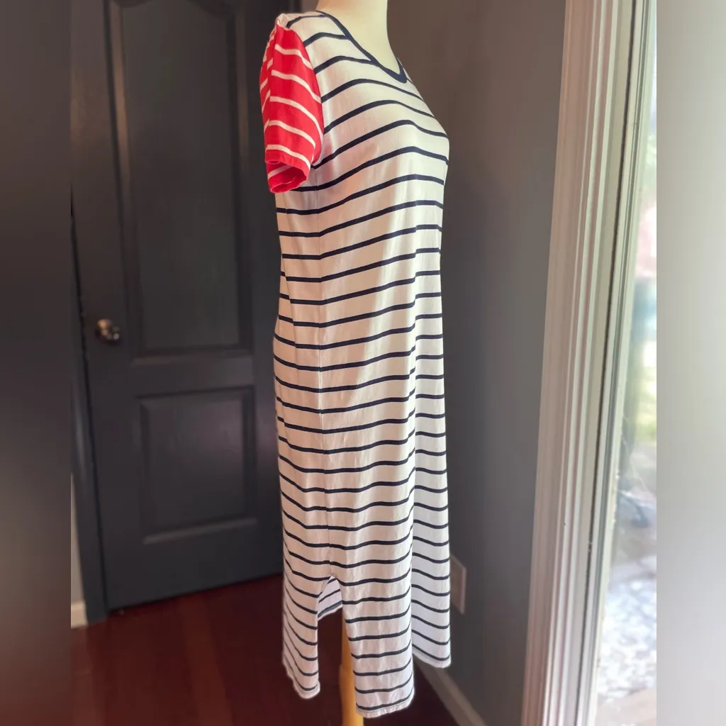 J Crew Preppy Coastal Nautical Striped Navy & White TShirt Dress Coral Sleeves - Image 3