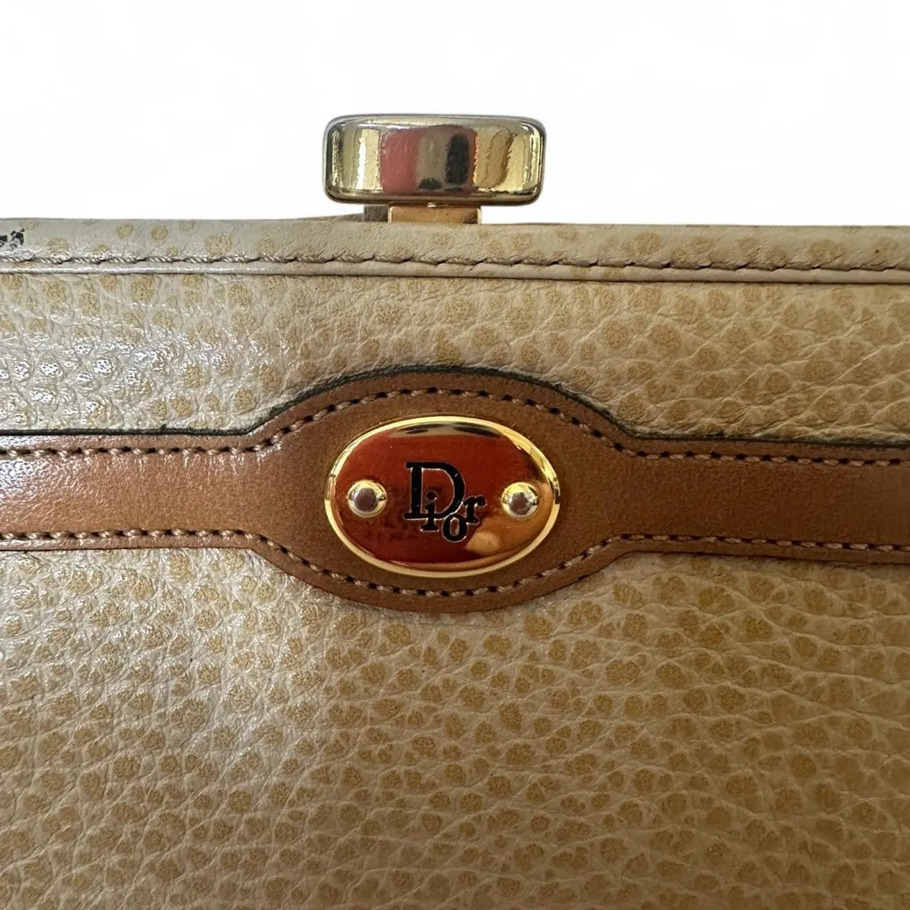 Vintage Christian Dior Tan Leather Wallet Coin Purse Gold Accents Clasp Closure - Image 2