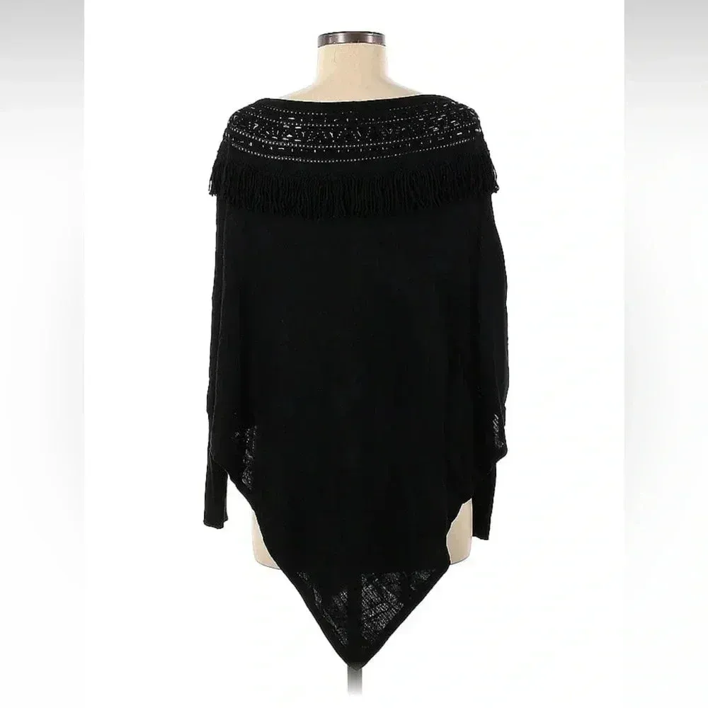White House Black Market Fringe Black Wool Cape Sweater Embellished Size XS - Image 3