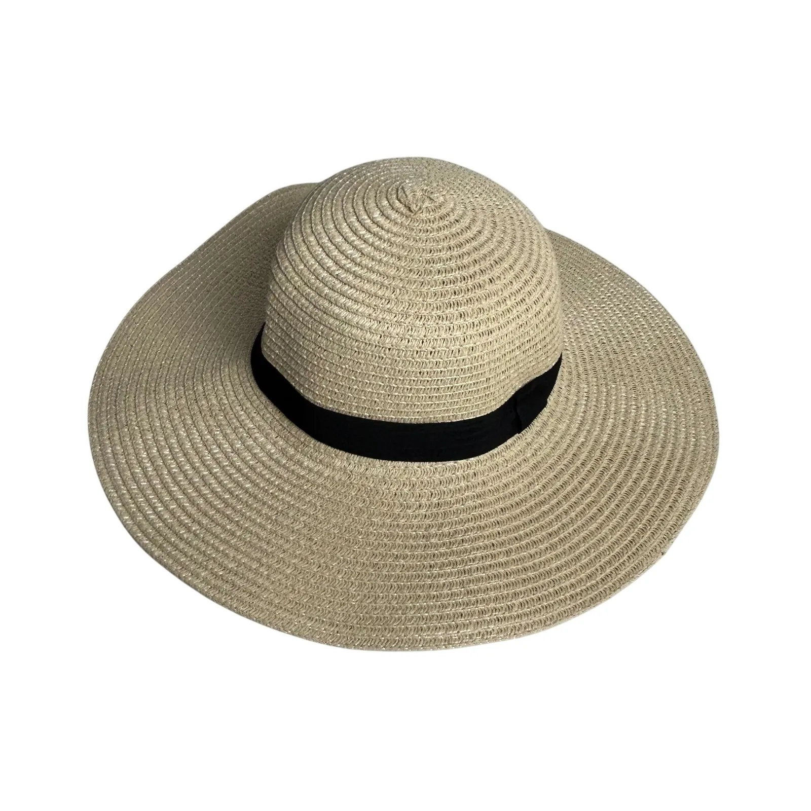 Wide Brim Straw Sun Hat Floppy Beach Vacation Fedora Black Band Tan - Image 6
