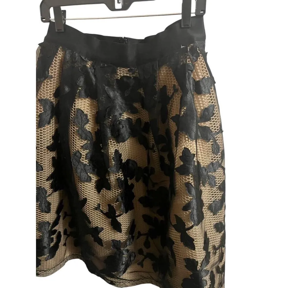 Gracia Skirt Womens Large Black Beige Aline Knee Length Embroidered Floral Mesh - Image 8