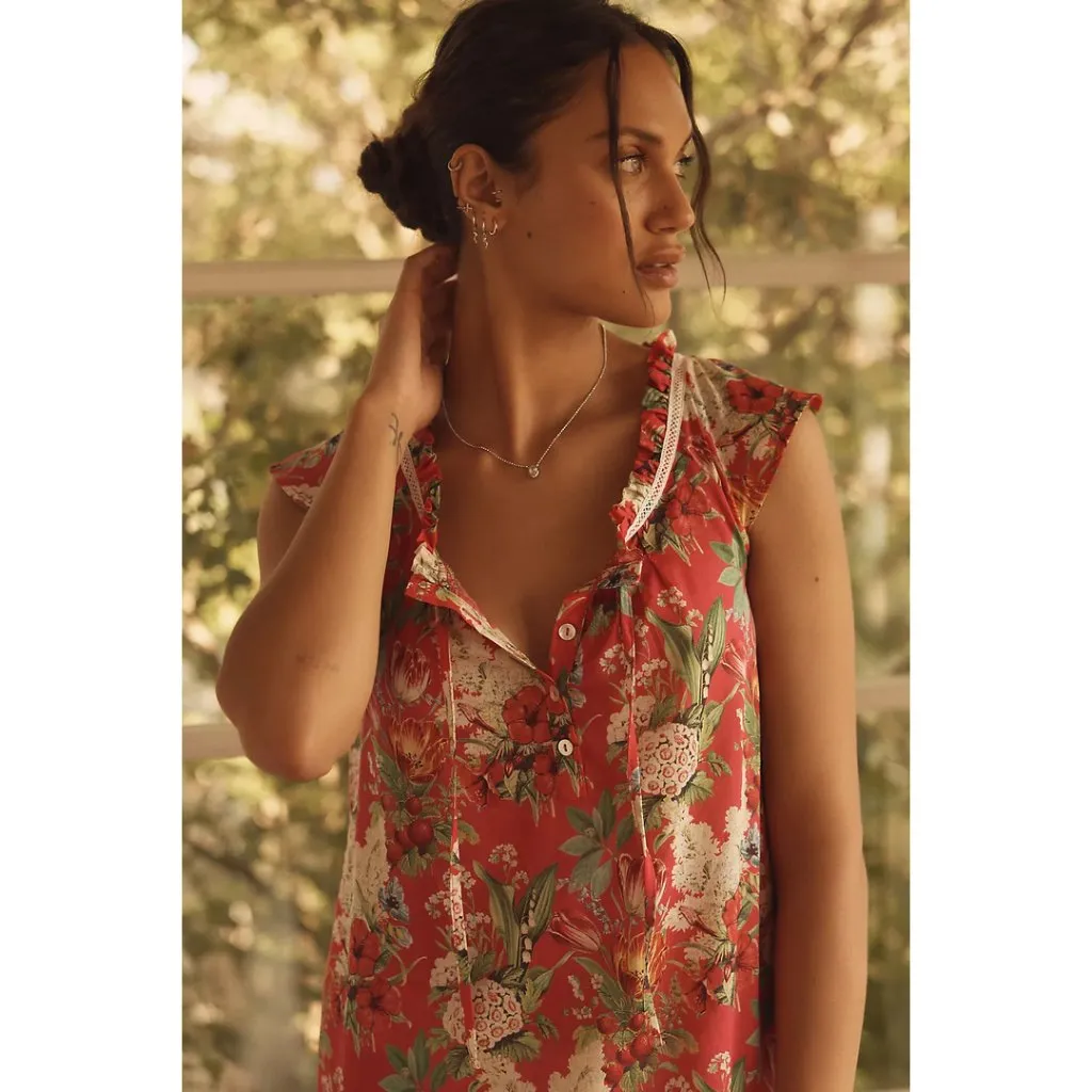 PAPINELLE Clara Flutter Neck Cotton Nightgown in Geranium Size Medium Pink - Image 8