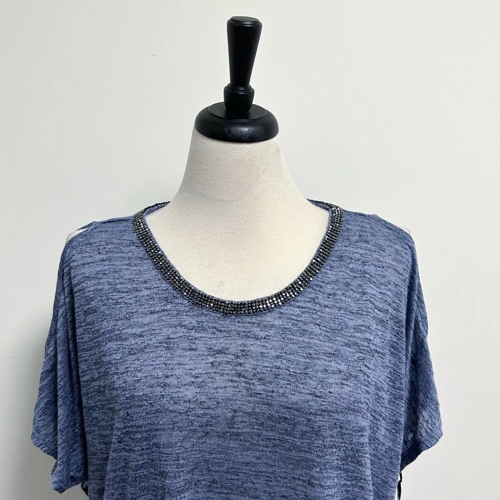 Juicy Couture Kohls Heather Dusty Blue Cold Shoulder Beaded Neck Knit Hi Lo Top - Image 2