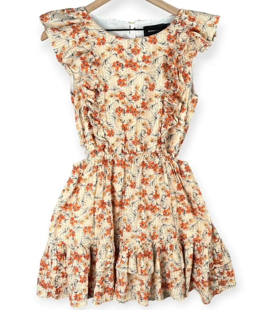 MINKPINK Zahari Mini Dress Women’s S Ruffle Floral Beige Stretchy Boho Summer - Image 3