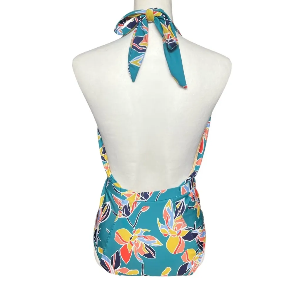 ModCloth Swimsuit Women’s Medium Teal Floral One Piece Bethany Halter Retro - Image 4
