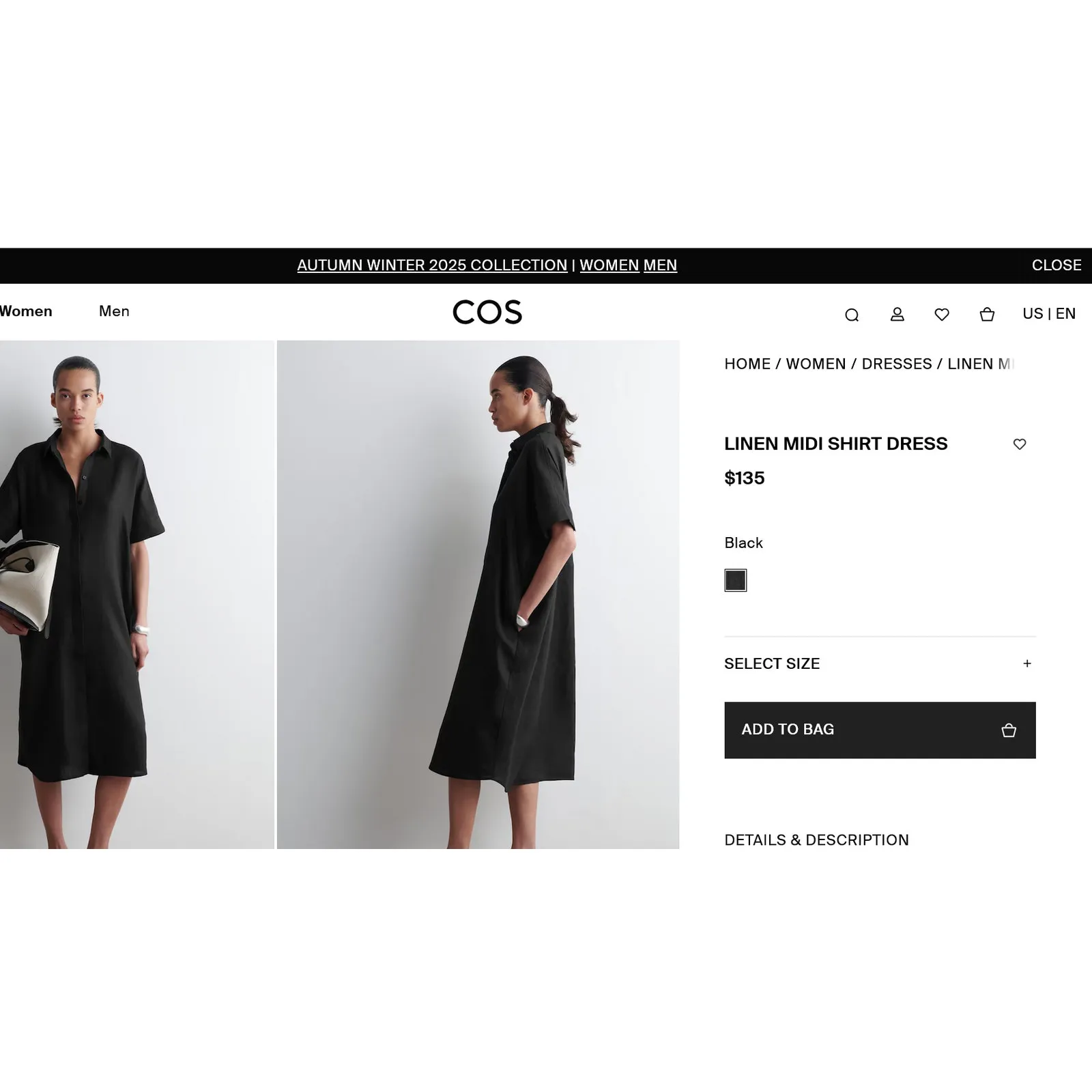 COS Black Linen Midi Shirt Dress XS Solid‎ Casual Loose Minimalist Modest - Image 3