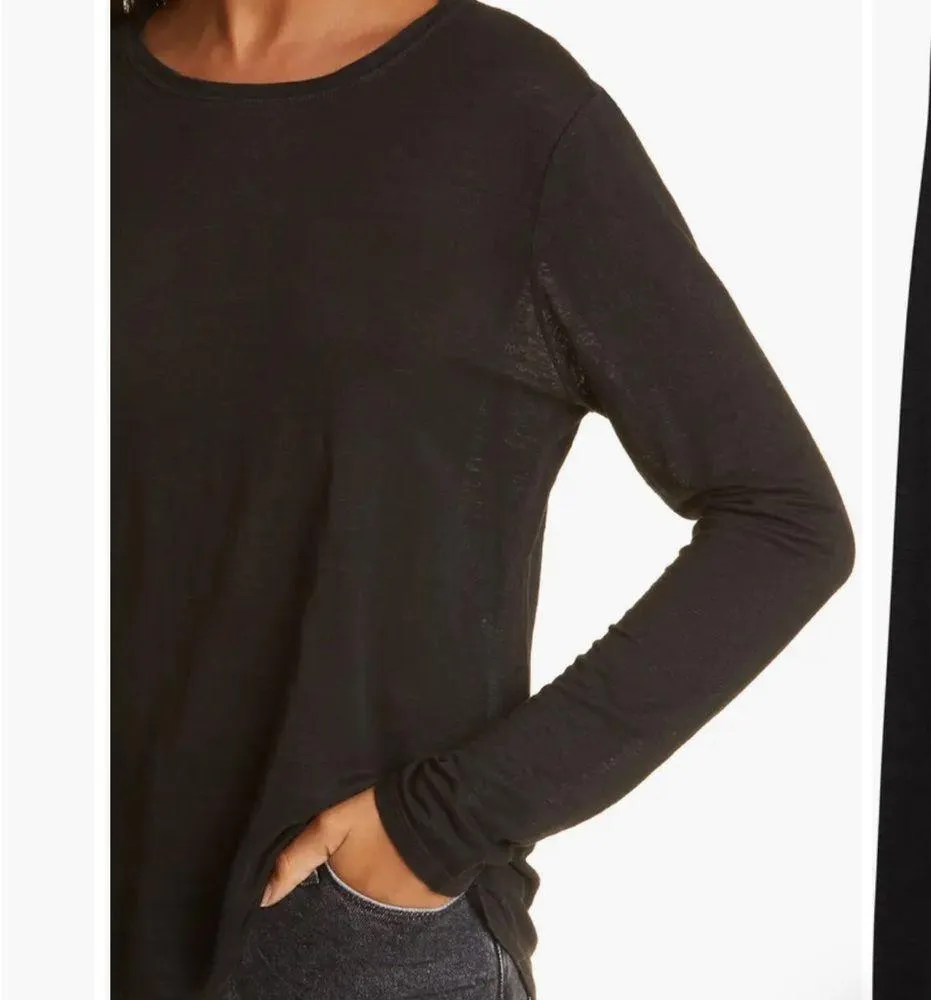 Frame Easy Crewneck Organic Linen Long Sleeve Top In Noir - Image 3