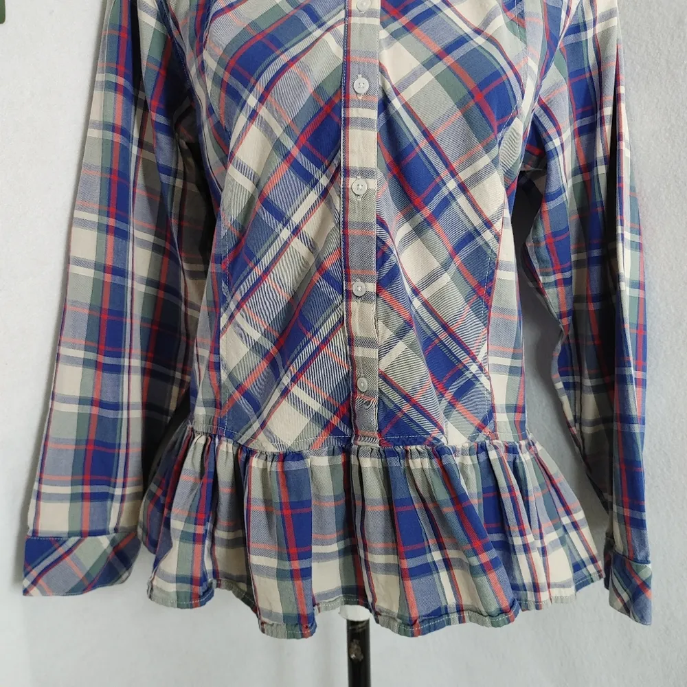 Kensie Jeans Plaid Semi Ruffle Button Shirt Top - Image 3