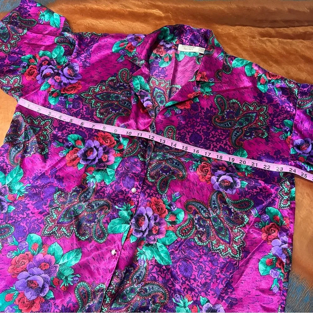 Vintage Victoria’s Secret Gold Label Satin Pajama Night Sleep Shirt M/L Floral - Image 9