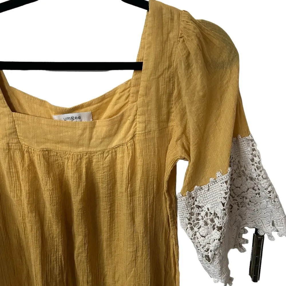 Umgee Yellow With Cream Crochet Detail Size Medium Tunic Gauzy Mini Dress. - Image 3