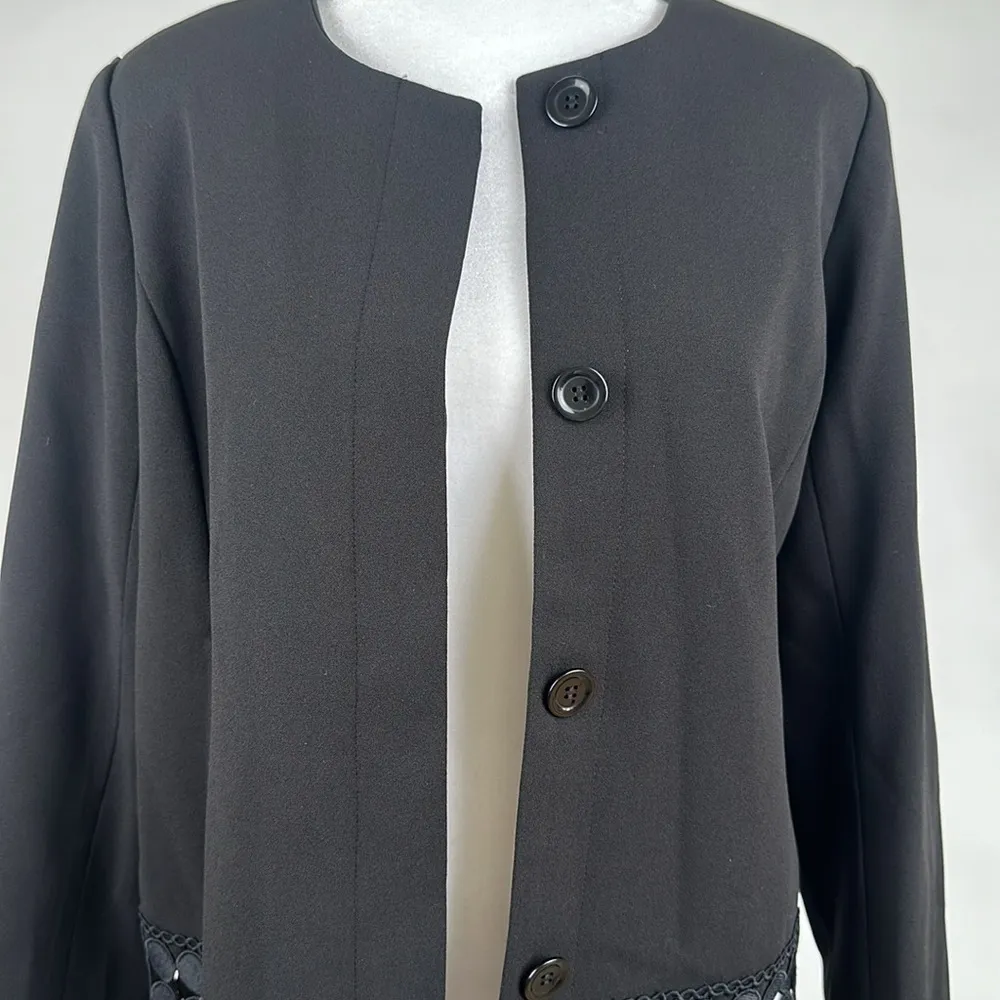 Dennis Basso Black Luxe Crepe Button Front Jacket Fringe Trim Size 4 NWT - Image 4