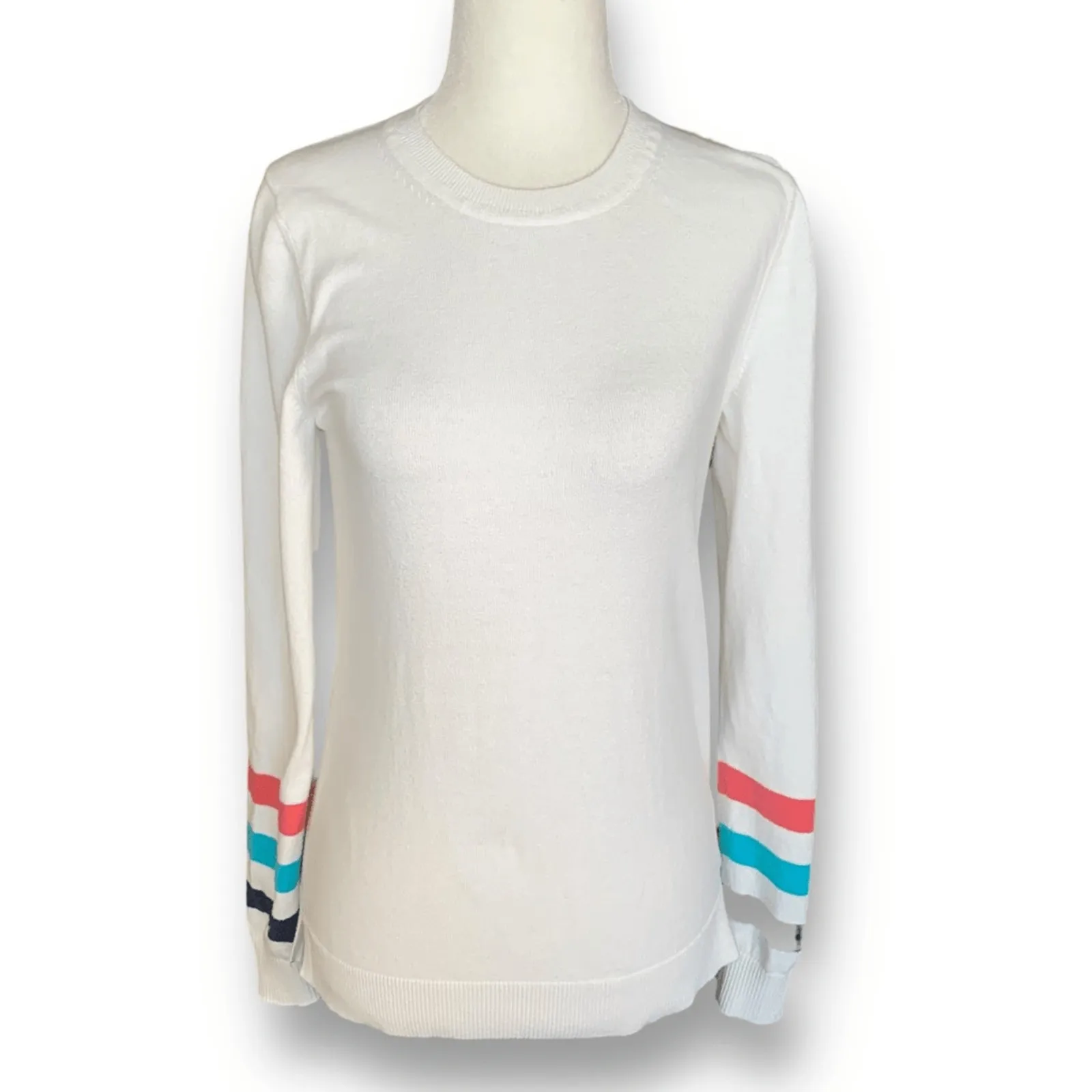 Southern Tide White Cotton Cashmere Sweater XS Striped Sleeve Preppy Classic - Image 9