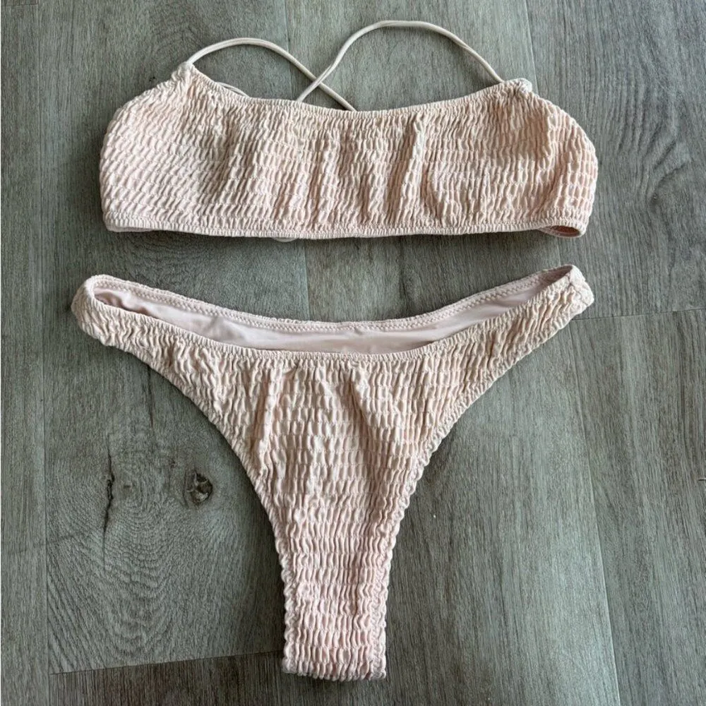 Sarah’s Day X White Fox Boutique Bikini Set Cheeky High Cut Ribbed Pink Tan M - Image 2