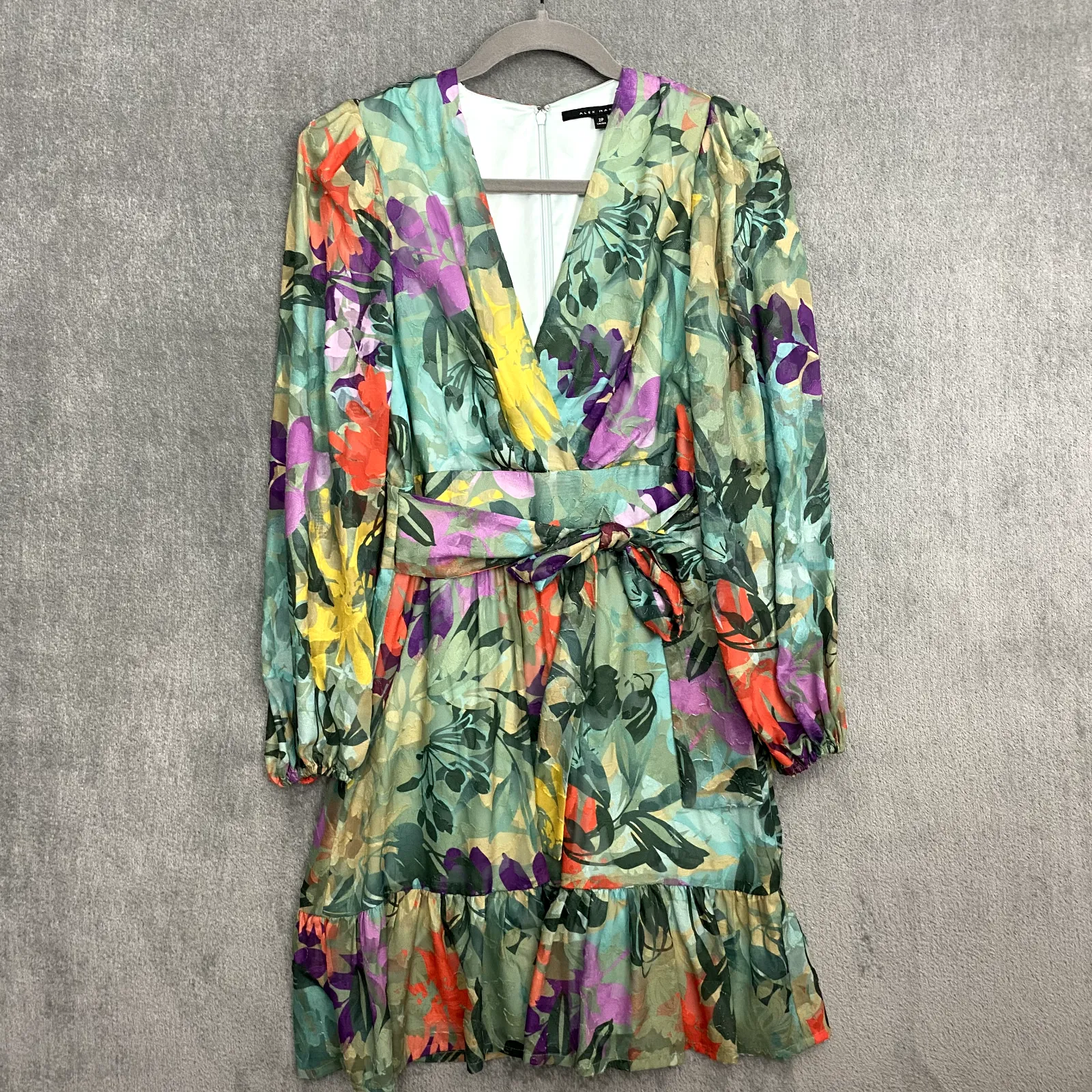 Alex Marie Women Dress 2P Simone Tropical Sage Floral Vibrant Sheer Puff Sleeves - Image 3