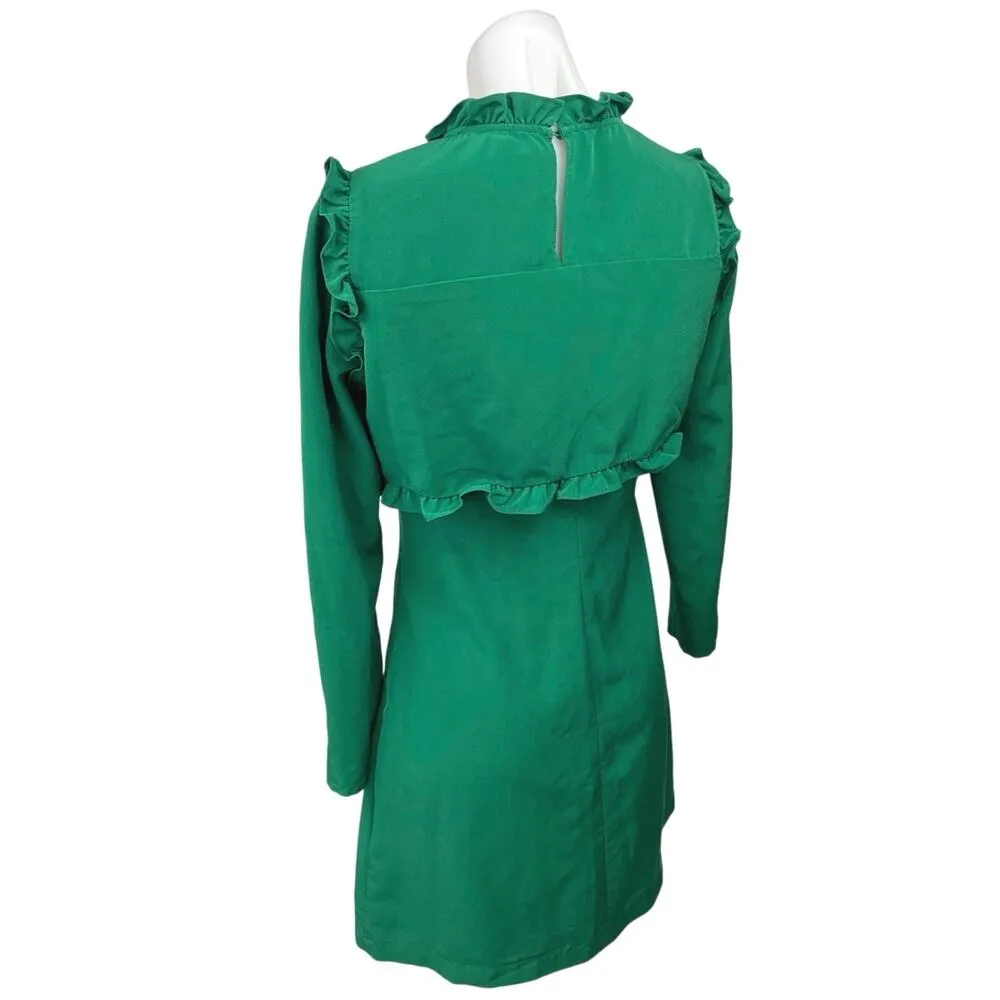 Maje Green Jacqueline Long Sleeve Ruffle Mock Neck Pleated A Line Mini Dress 2 - Image 2