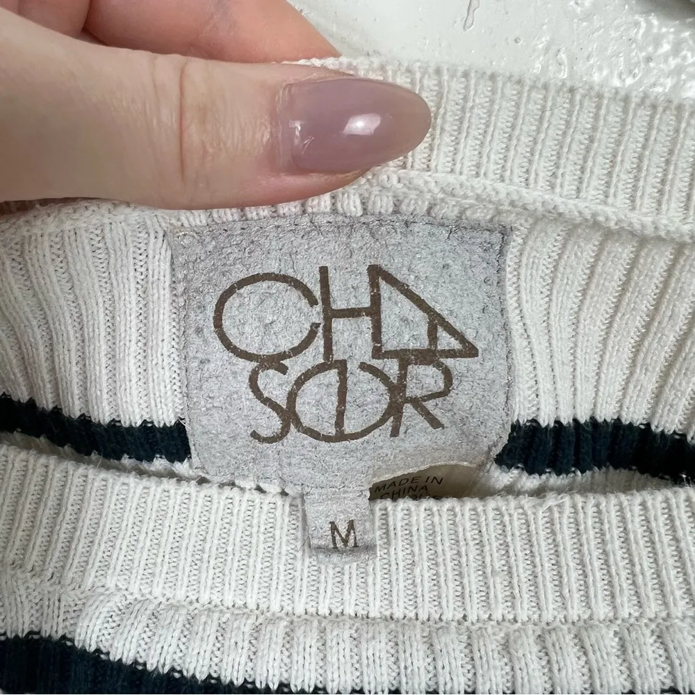 Chaser Ribbed Navy Cream Striped Tiered Ruffle Sleeve Sweater Cotton Size Medium - Image 5