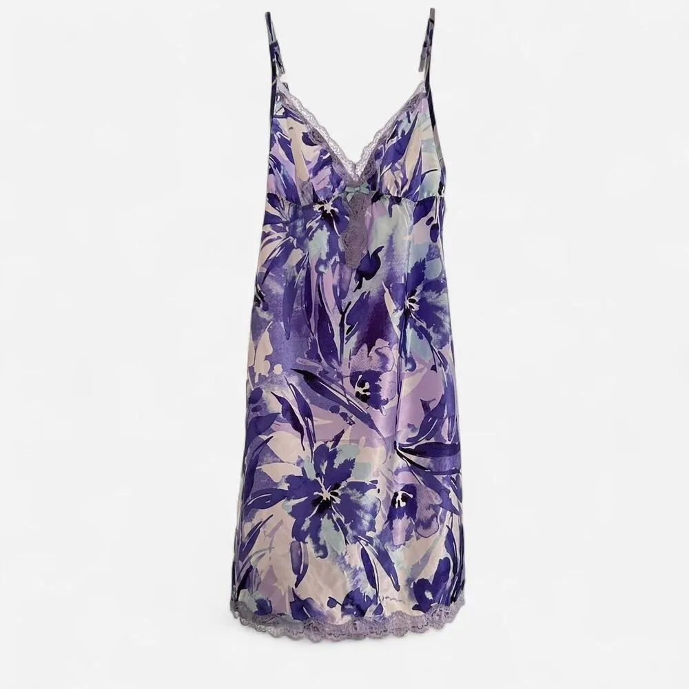 Y2K Silky Sheen Purple Floral Lace Babydoll Slip Dress – Retro Coquette Glam S - Image 3