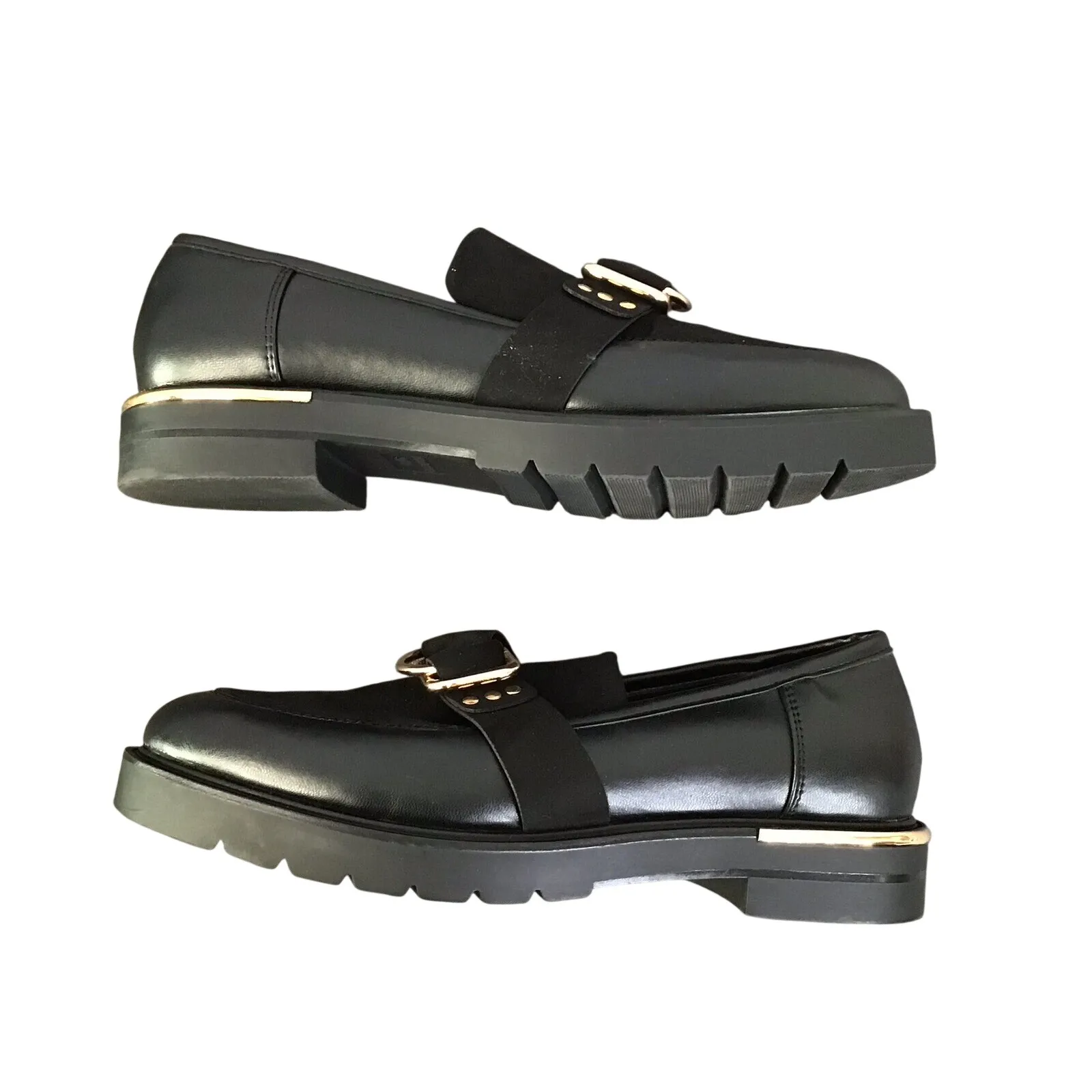 River Island Gold Toned Buckle Loafers Slip-on Style Almond Toe Chunky Sole Sz 9 - Image 5