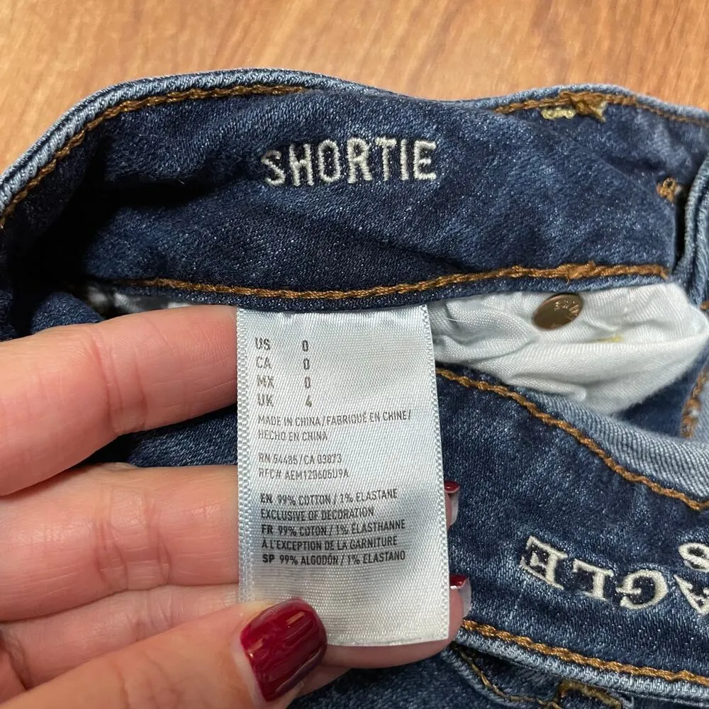 American Eagle Women Shortie Blue Jean Shorts Medium Wash Raw Hem Cuff Size 0 XS - Image 6