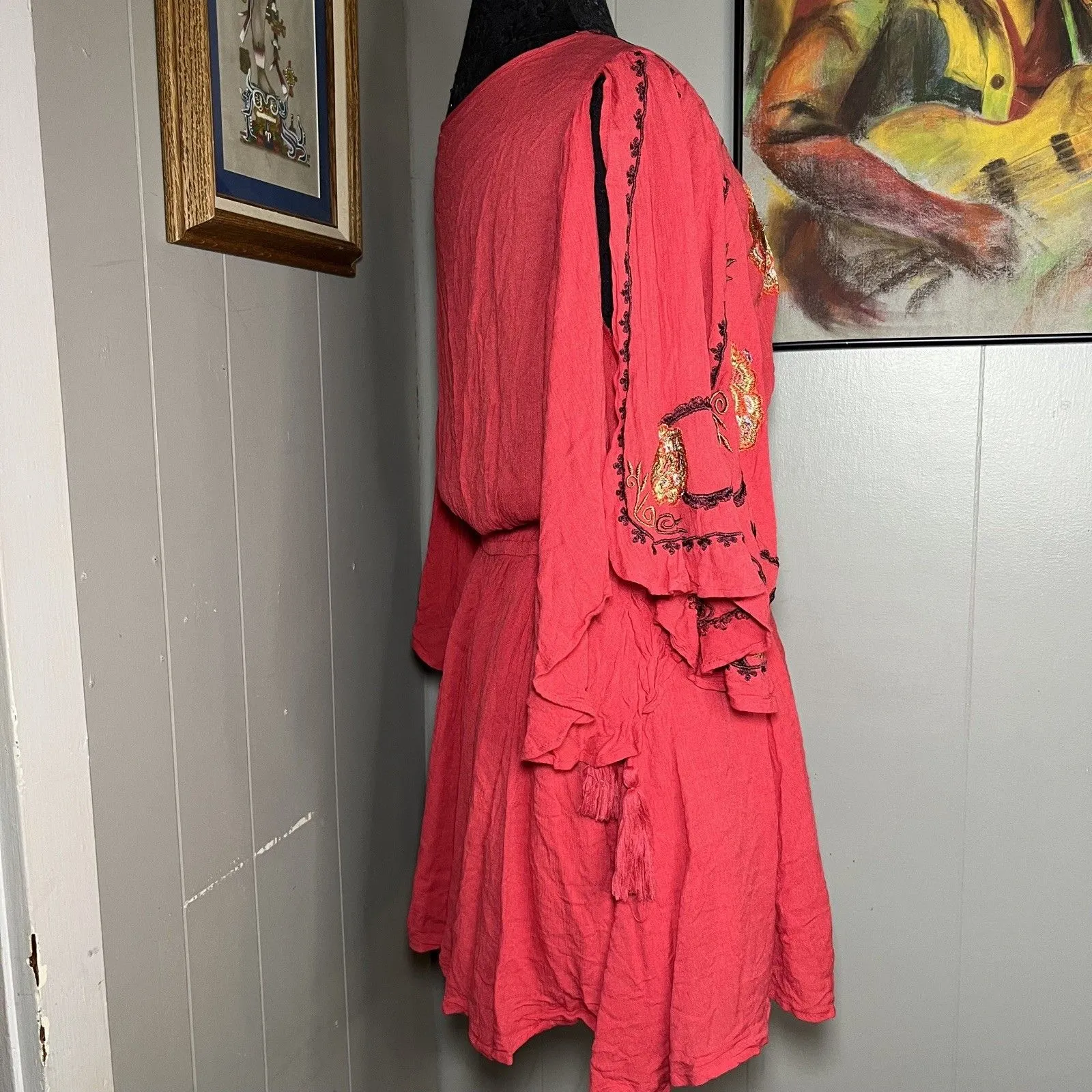 Free People Cora Coral Red Embroidered flutter sleeve beach summer Dress Medium - Image 3