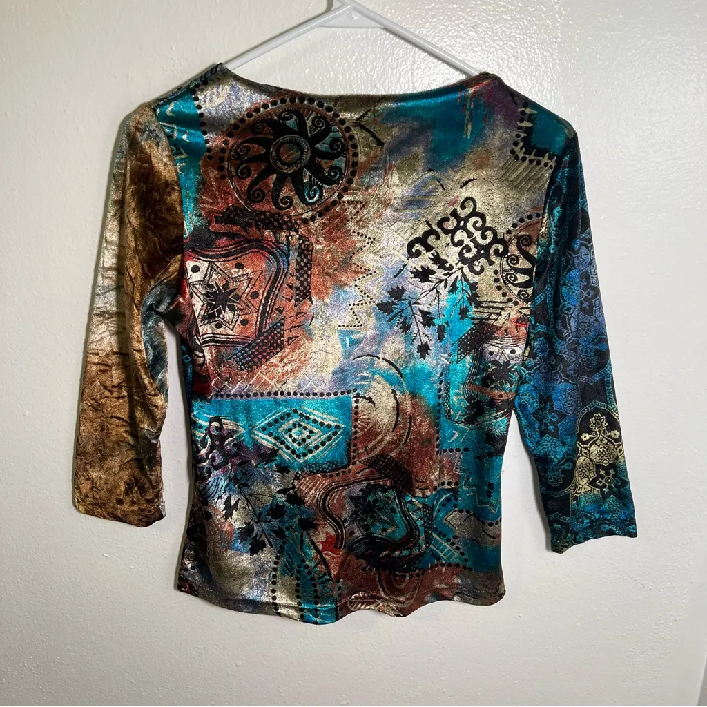 Caia Crushed Velvet Patchwork Blouse Teal Brown M Size M - Image 7