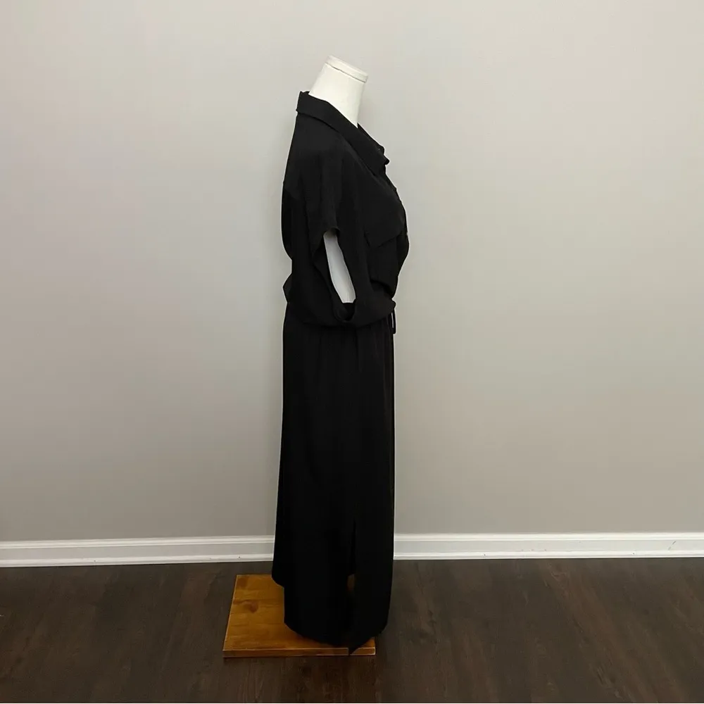 Old Navy Dress Maxi Button Front Drawstring  Waist Flap Pocket Collar Black Tall - Image 5