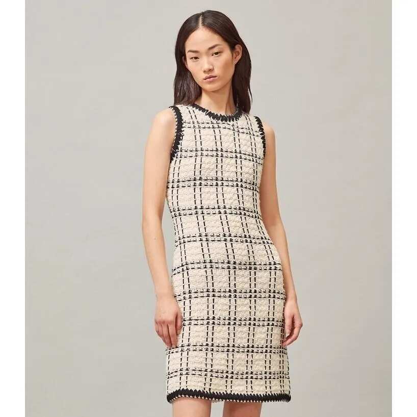 Tory Burch Women's Ivory Black Check Sleeveless Tweed Dress‎ Petite Size Small - Image 3