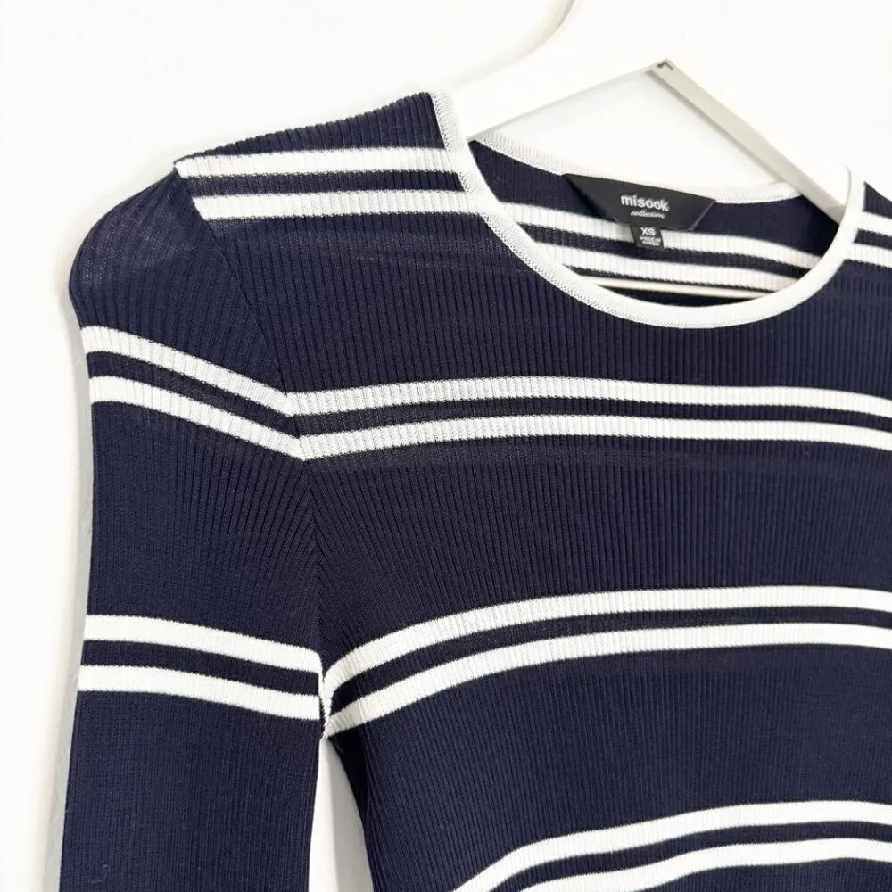 Misook Striped‎ Ribbed Knit Top in Navy Blue White Nautical Office Chic Size XS - Image 2