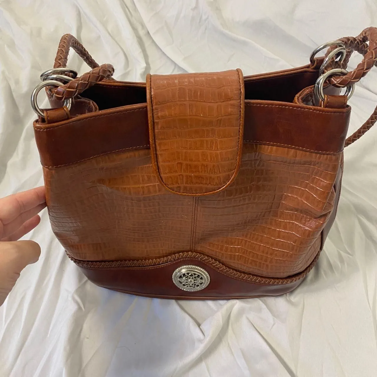 Early 2000's Brown Tan Faux Leather Braided Bucket Shoulder Bag Silver Details - Image 5