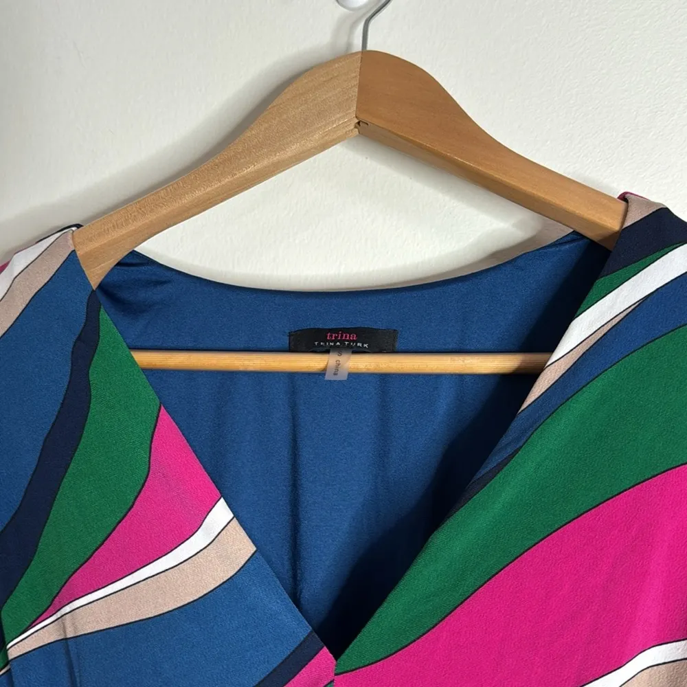 Trina by Turk Multicolored Gathered Front V-neck Mini Dress Dolmain sleeves Sz S - Image 9