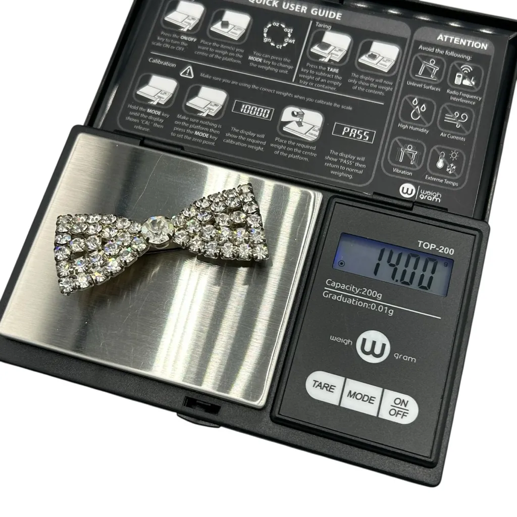 Vintage 1950s Rhinestone Bow Brooch Silver Tone Mid Century Glam Pin - Image 3