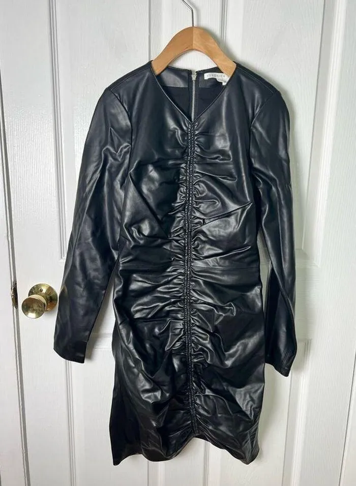 Veronica Beard Bernadette Black Faux Leather Long Sleeve Mini Dress 2 - Image 2
