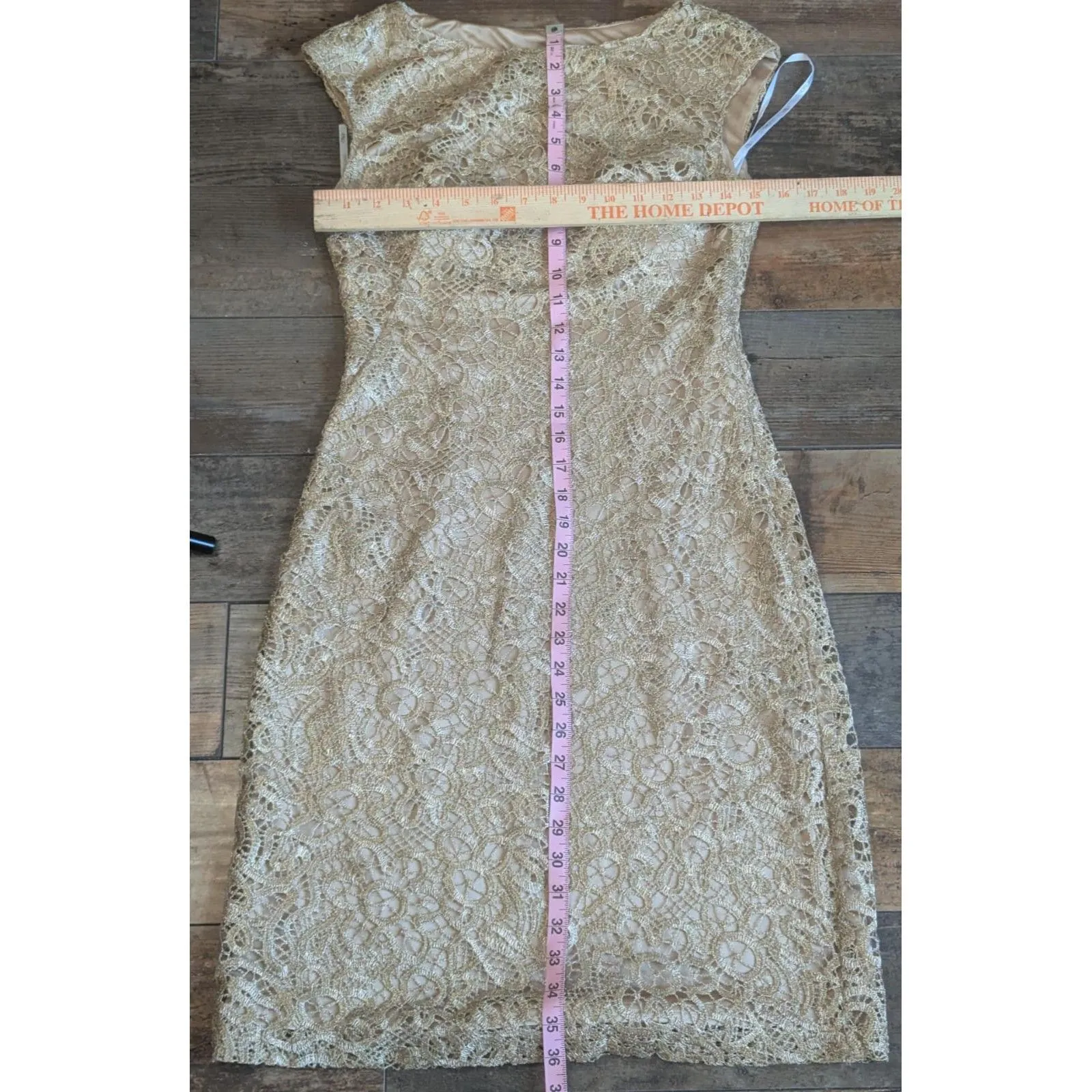 Sue Wong Nocturne Gold Metallic Lace Sheath Dress 4 Sleeveless Cocktail - Image 5