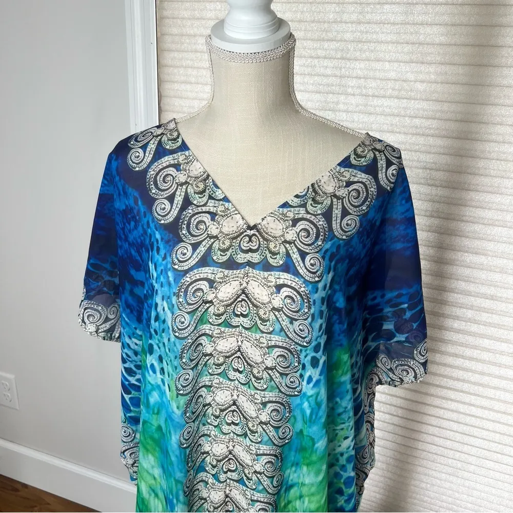 Flowing Floor Length Casual Kaftan Coverup Dress One Size SKU#C24129 Blue - Image 2