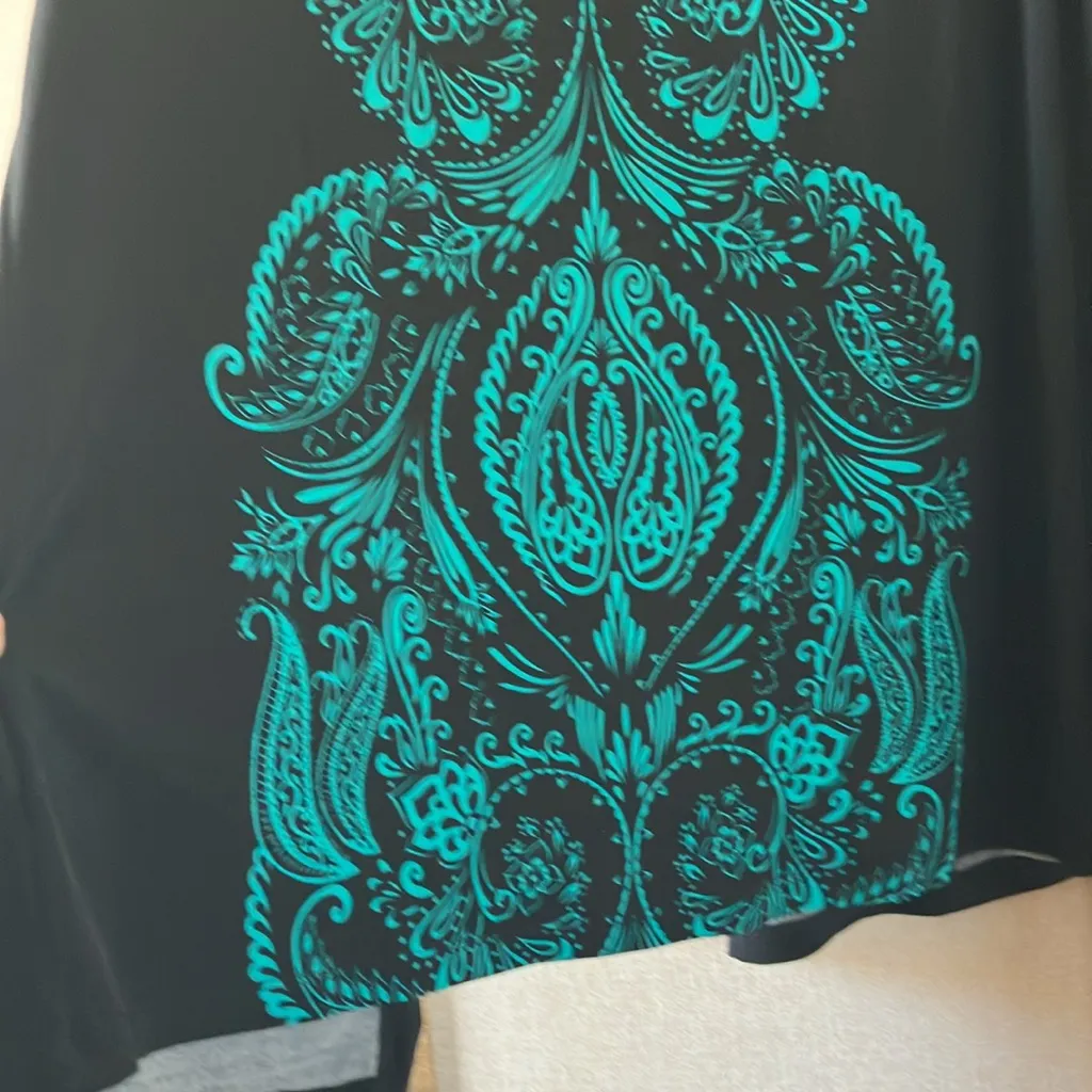 FINAL MARKDOWN Susan graver Black Open Front Cardigan Teal Patterned back medium - Image 7