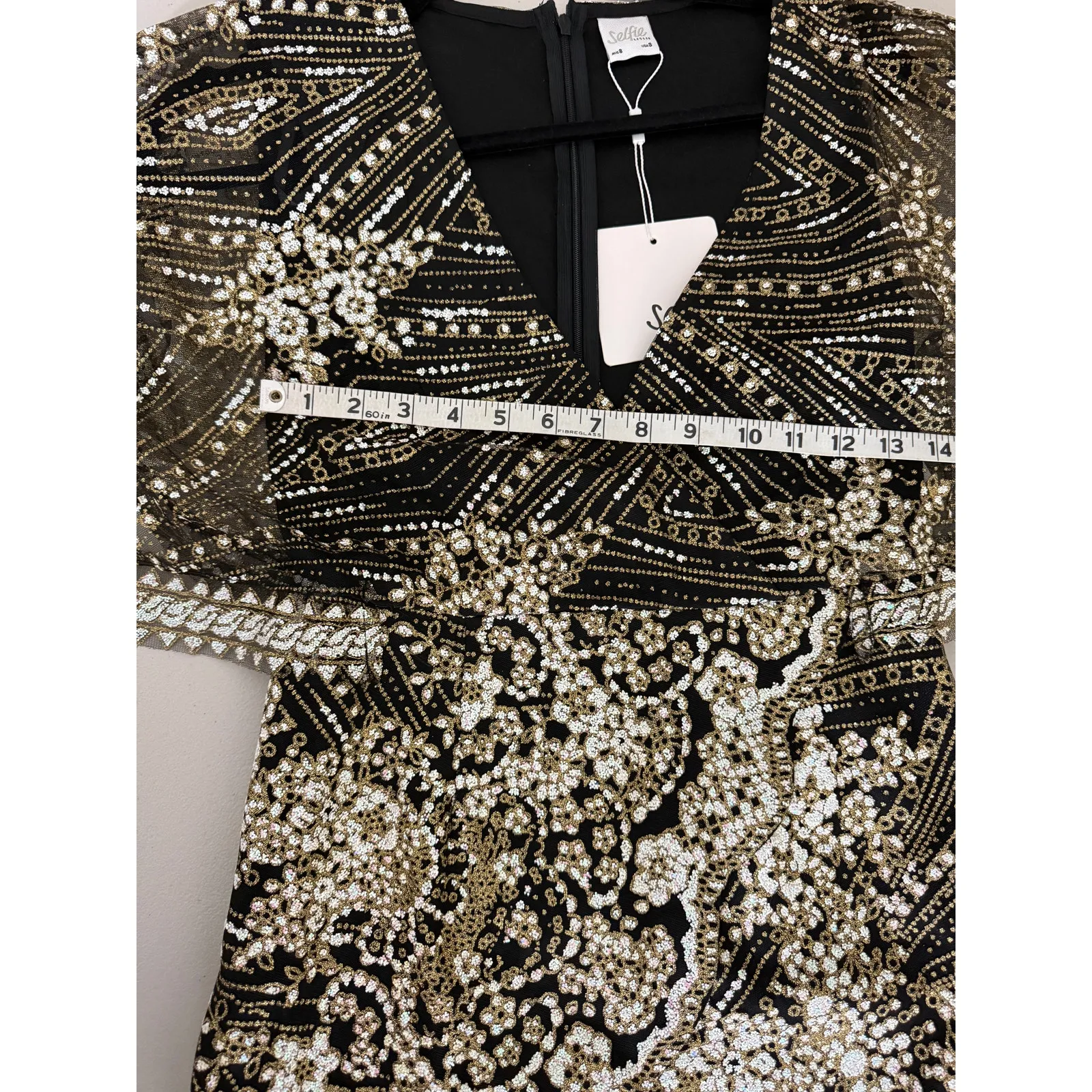 Selfie Leslie Black Gold Glitter Batwing Sleeve Short Mini Dress Cocktail S NWT - Image 7