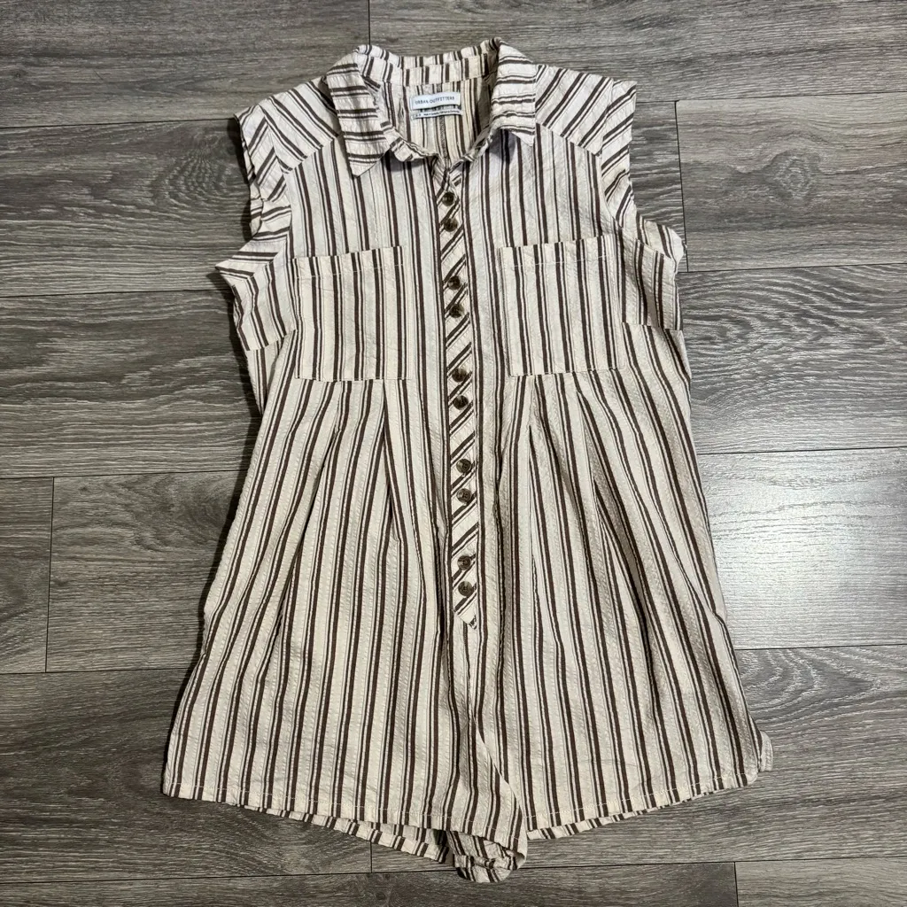 Urban Outfitters Women Romper Boho Brown Stripe Zoey Workwear City Size S Pocket - Image 3