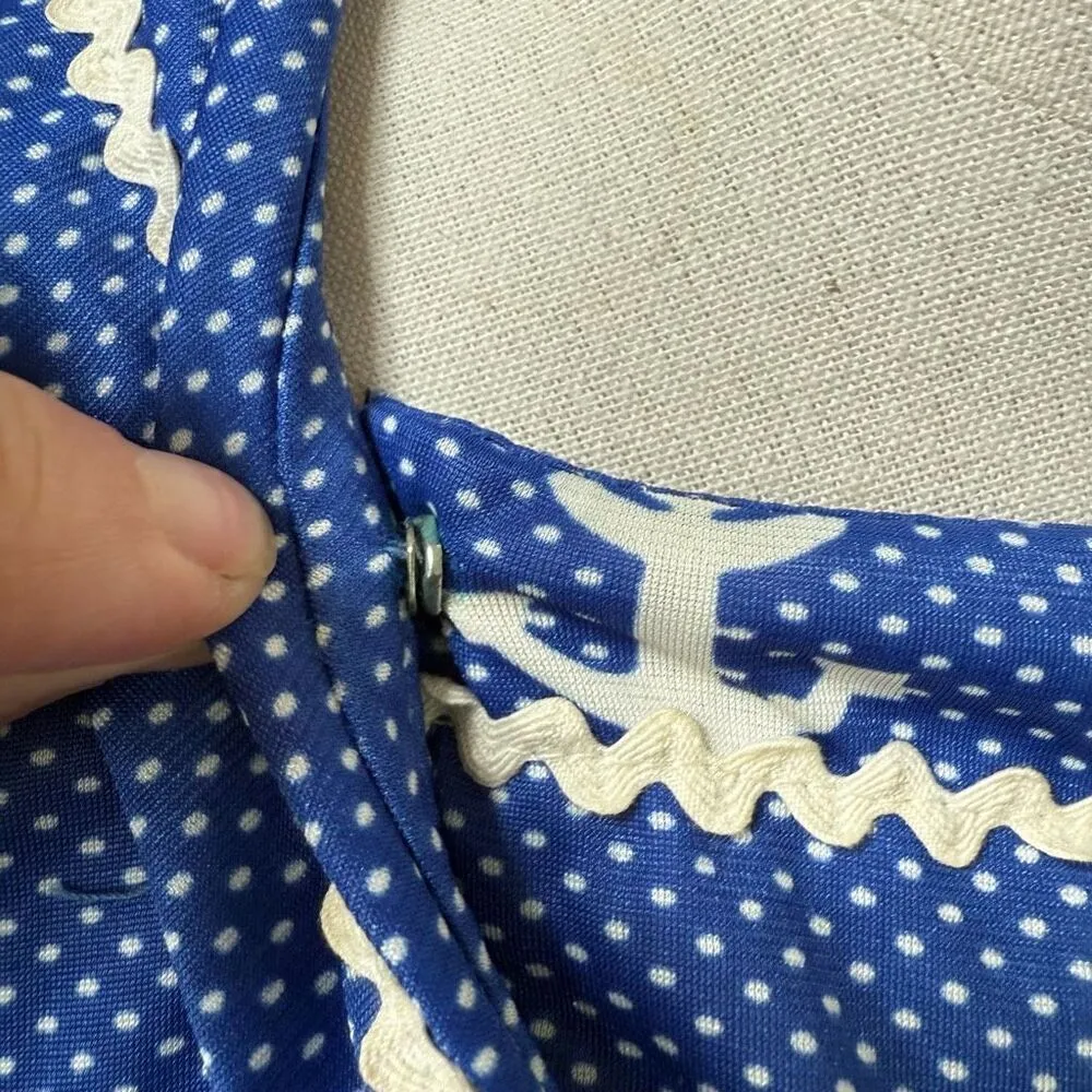 Vintage 70s House of She Ltd Zip Front Anchor Sailor Dress M Blue Size M - Image 8