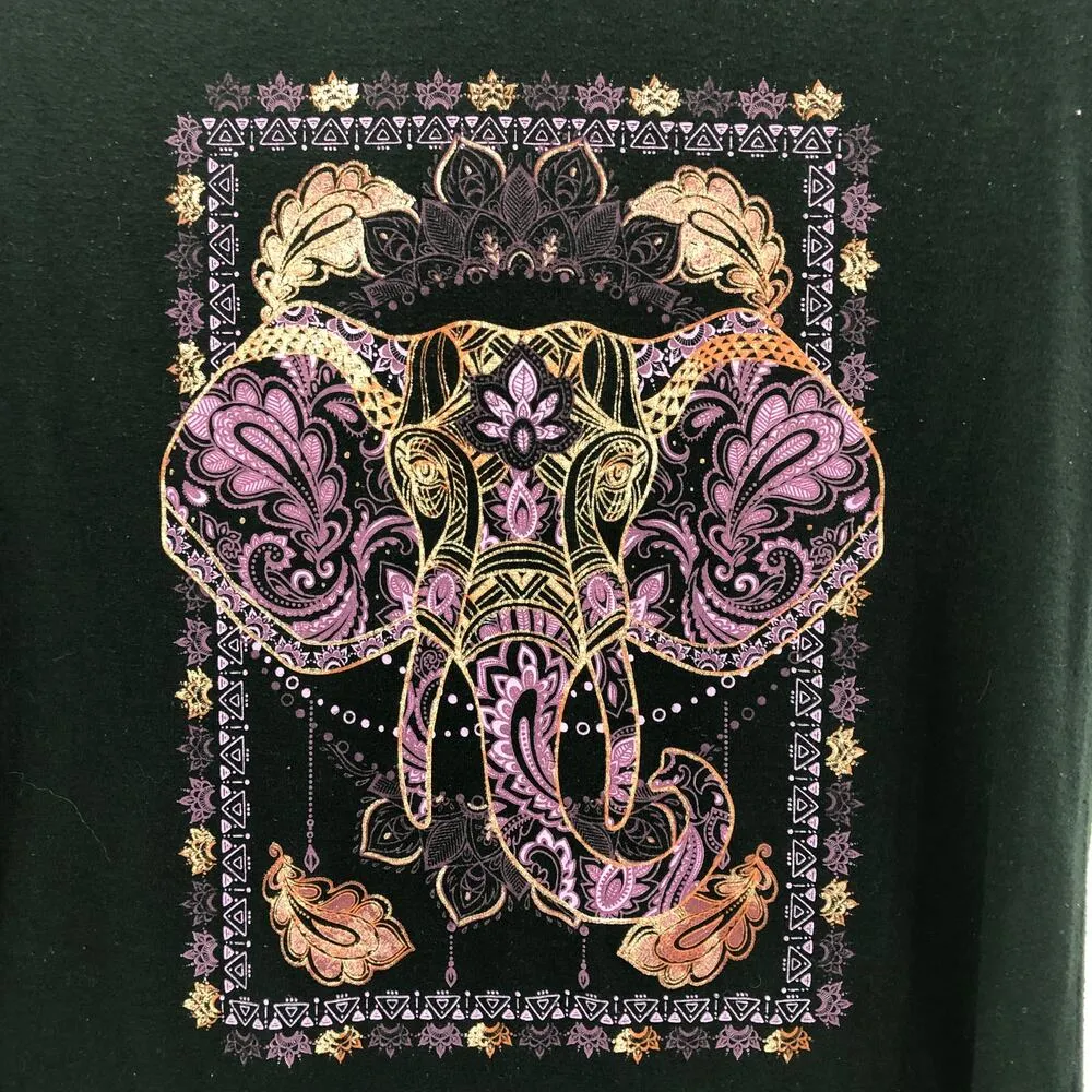 Fifth Sun SMALL Asian Elephant Henna Doodle Black Burnout Tee Small V Neck Shirt - Image 2