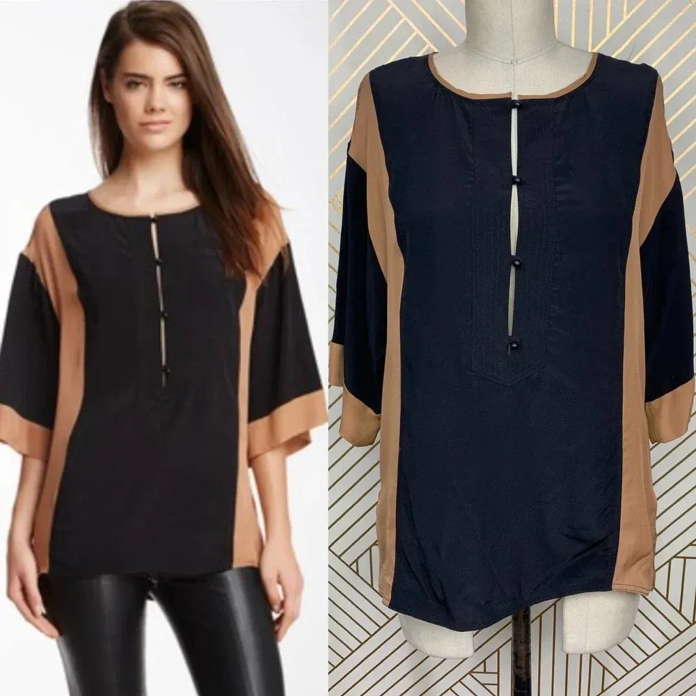 ALC A.L.C‎ Jill Blouse Top Shirt Keyhole Silk Colorblock Black Tan Size US XS - Image 2